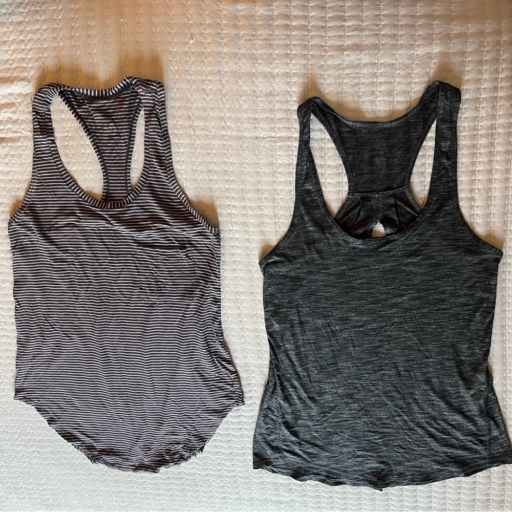 Bundle Of Two Lululemon Grey & Grey-White Striped Yogi Racer Back Tank Tops.